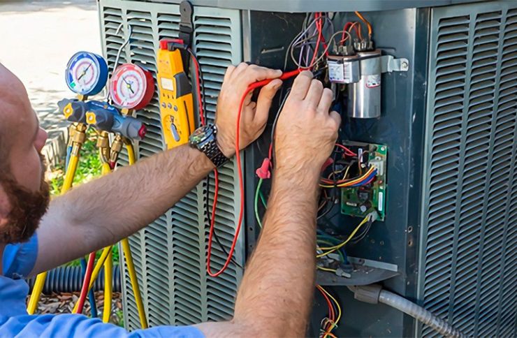 A man performs maintenance on an air conditioner, highlighting HVAC services in Sacramento, California.