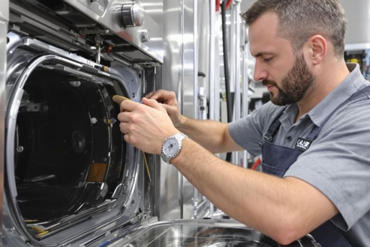 A technician repairs a washing machine in a factory setting, surrounded by tools and machinery