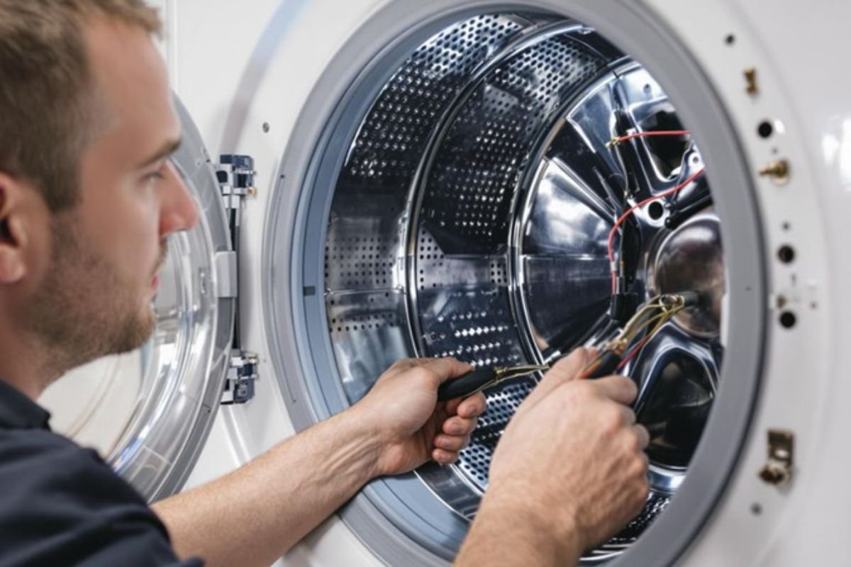 A man is engaged in repairing a washing machine, demonstrating technical skills with various tools nearby